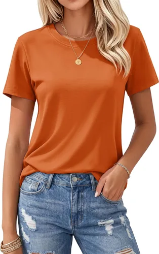 Vista 15 de MAGCOMSEN Camisetas de algodón para mujer de manga corta con cuello redondo, camisetas de ajuste clásico y transpirables de verano a1-Negro