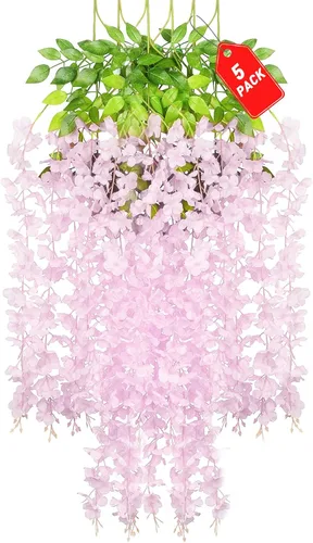 Vista 54 de Paquete de 12 flores colgantes de glicina rosa, flores colgantes falsas de 3.44 pies, guirnalda de glicina artificial para decoración de boda, telón