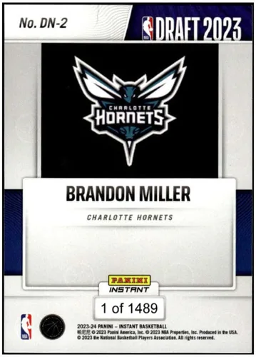 Vista 2 de BRANDON MILLER RC 2023-24 Panini Instant Draft Night ROOKIE /1489#DN2 Hornets NM+-MT+ NBA Baloncesto