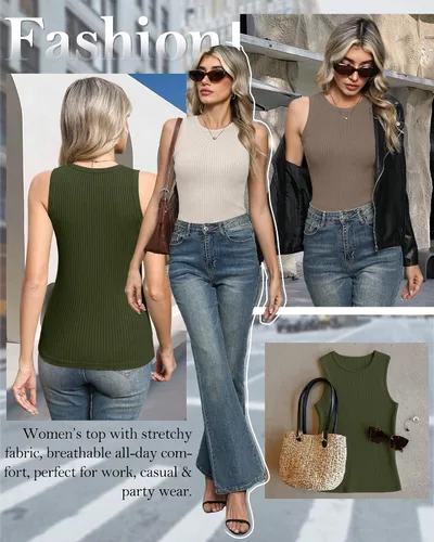 Vista 5 de Paquete de 3 camisetas sin mangas de algodón para mujer, de punto acanalado, casuales, básicas, de cuello redondo, ajustadas, de verano, con espalda