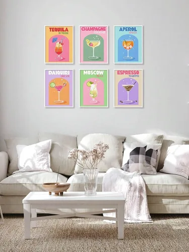 Vista 2 de Paquete de 6 pinturas de cóctel retro por números para adultos principiantes, vintage fácil de pintar por números sobre lienzo, kit de pintura al