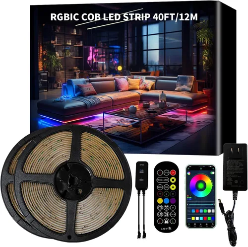 Vista 10 de Tira de luces LED de 20 pies COB Smart IC, luces LED RGB de 24V para dormitorio con control remoto RF, botón de aplicación inteligente