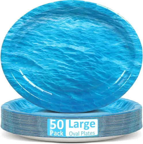 Vista 7 de Qyeahkj 50 piezas de platos de papel ovalados de surf de verano grandes de 11" para decoración de fiesta temática de playa desechable suministros