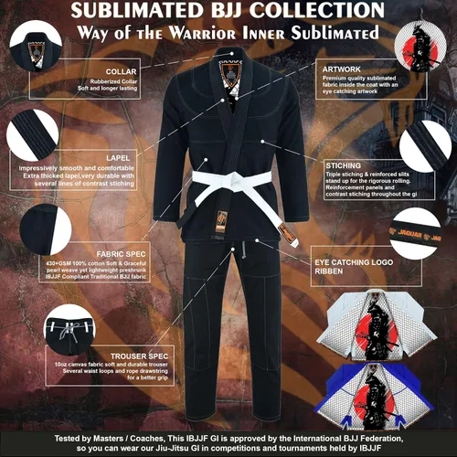 Vista 3 de Way of the Warrior Interior Sublimado Pro Brazilian Jiu Jitsu BJJ Kimono Gi Uniforme Unisex Cinturón incluido