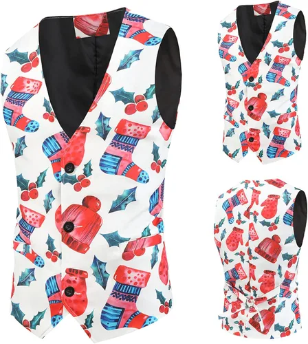 Vista 3 de WYUTX Ugly Christmas Suit Vest for Men Funny 3D Graphic Santa Tree Tuxedo Vest Casual Single Breasted Xmas Holiday Waistcoat