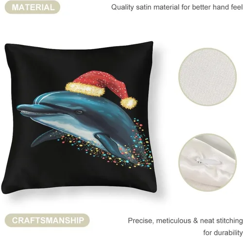 Vista 4 de Fundas de almohada de satén, fundas de almohada con sombrero de Papá Noel, fundas de almohada para amantes de los delfines, almohadas con cremallera