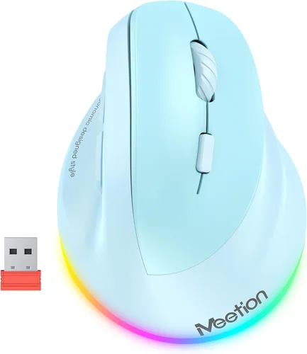Vista 12 de MEETION Ratón ergonómico para zurdos, ratón inalámbrico vertical RGB recargable, Bluetooth (5.2 + 3.0) y USB-A con adaptador USB-C, 4 DPI