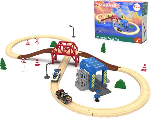 Vista 10 de Juego de tren eléctrico para pistas de madera, juguete de trenes a batería con luces y sonidos para niños pequeños, tren motorizado para niños