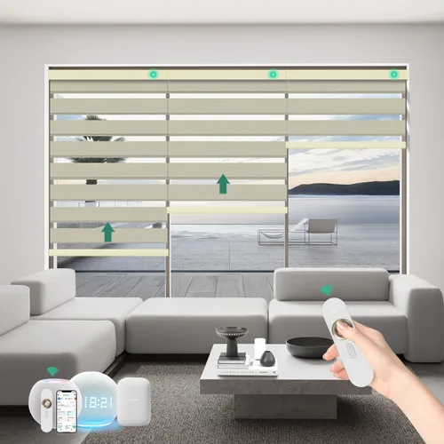 Vista 9 de Persianas motorizadas de cebra con control remoto, funcionan con HomeKit Alexa, cortinas eléctricas automáticas para ventanas, 60% opacas, filtro