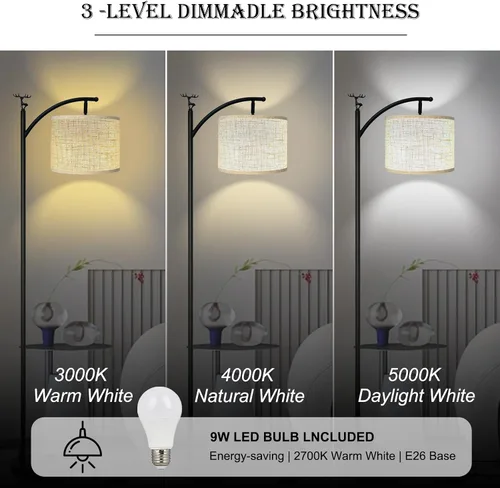 Vista 3 de Lámpara de pie, lámpara de pie para sala de estar con bombilla LED de 3 temperaturas de color, lámpara de pie, pantalla de lino de alta calidad