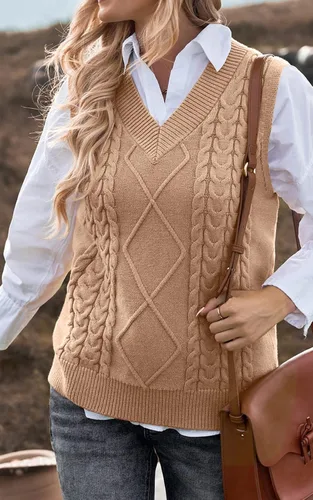 Vista 8 de NALANISA Suéter sin mangas con cuello en V para mujer, de gran tamaño, casual, holgado, de punto trenzado, sin botones, para otoño e invierno