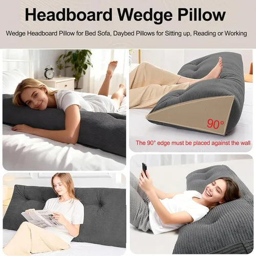 Vista 2 de Almohada de Cabecera Individual, Cojín Triangular en Forma de Cuña con Rodillo para el Cuello, Almohada de Apoyo para la Espalda con Funda Extraíble