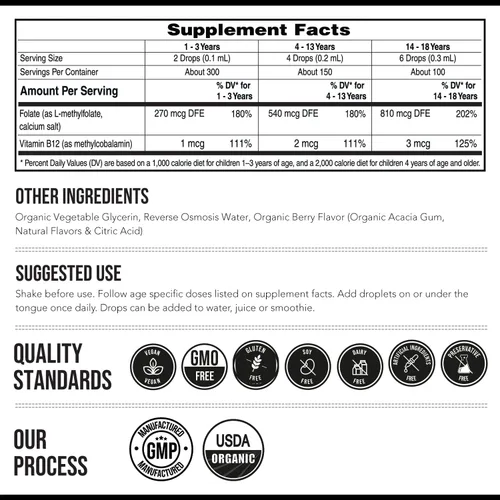 Vista 7 de Organic Kids L-metilfolato + metil B12 Cofactor - MTHFR forma sublingual - 5-MTHF, forma superior de folato - dosificación ajustable para todas