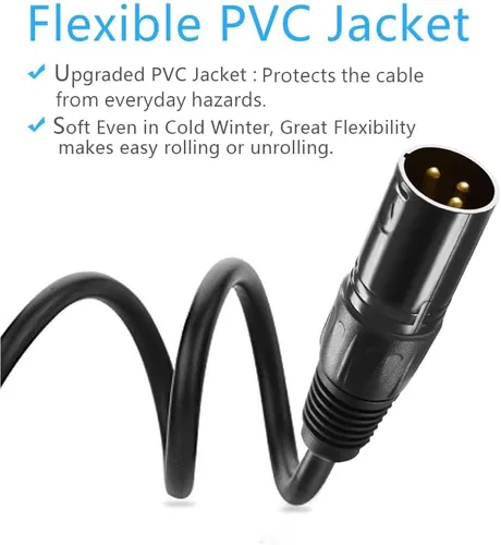 Vista 4 de Cable DMX flexible de 3.2 pies, chapado en oro de 3 pines macho a hembra, cable XLR DMX, lo mejor para luces de escenario de DJ, luces pares