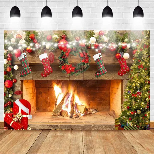 Vista 2 de Mocsicka Telón de fondo de chimenea de 5 x 3 pies, decoración de fiesta familiar, decoración de fotos de fotos, calcetines de Navidad, árboles