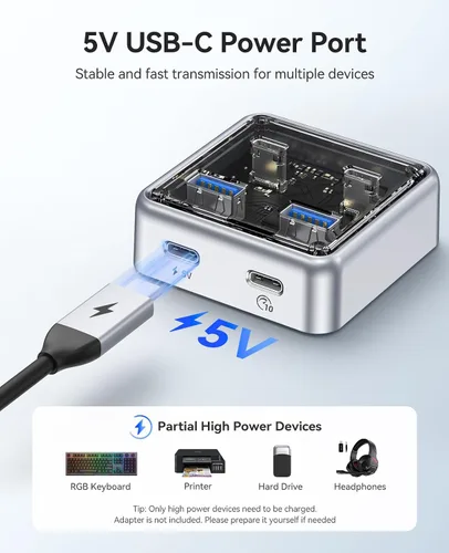 Vista 6 de ORICO Concentrador USB-C de 10 Gbps, divisor USB 3.2 de aleación de zinc de 4 puertos con 2 puertos USB-A y 2 puertos USB-C, extensor de datos