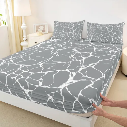 Vista 6 de Erosebridal Juego de sábanas de mármol metálico plateado, tamaño individual, color gris plateado, con purpurina, diseño de textura de mármol