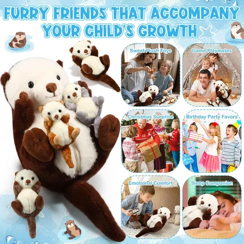 Vista 6 de Shappy 5 Piezas Animales de Peluche de Nutria Marina Grande Mamá Nutria Marina de Peluche con 4 Lindos Bebés en su Vientre con Cremallera Peluches