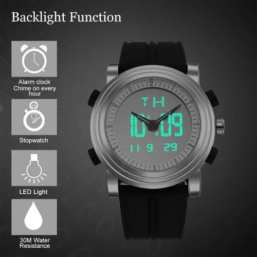 Vista 4 de BUREI - Reloj deportivo analógico digital con cronómetro, alarma, luz LED y correa de goma, para hombre