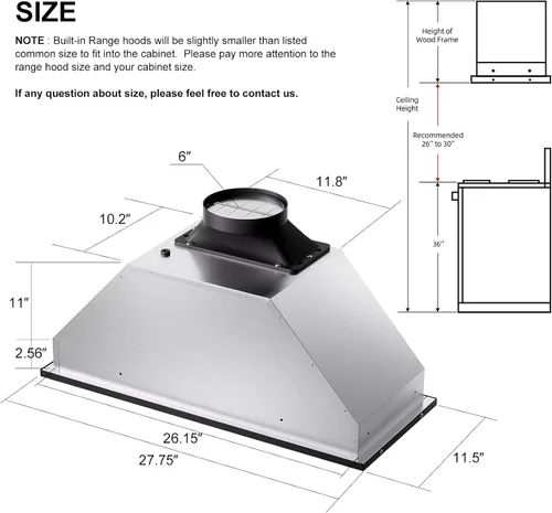 Vista 6 de BRANO Inserto de campana extractora de 30 pulgadas, 900 CFM con control de voz/gestos/táctil, ventilación de campana de cocina integrada