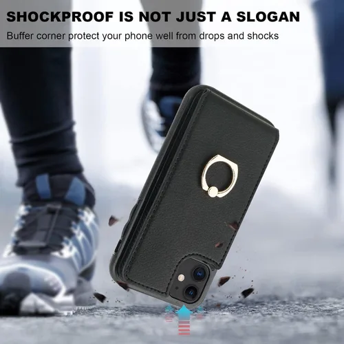 Vista 7 de Folosu Funda compatible con iPhone 11, cartera con tarjetero y rotación de 360°, soporte de anillo de dedo con función atril, bloqueo RFID, piel