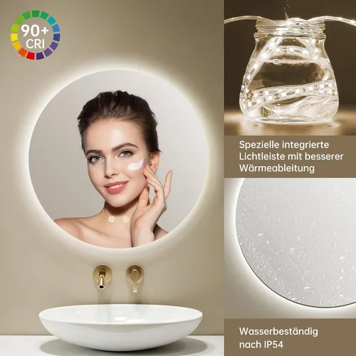 Vista 6 de Bathroom Mirror with Lighting, 50 x 50 cm, Round LED Bathroom Mirror with Anti-Fog, Dimmable, 3 Light Colours, Adjustable, Shatterproof Bathroom