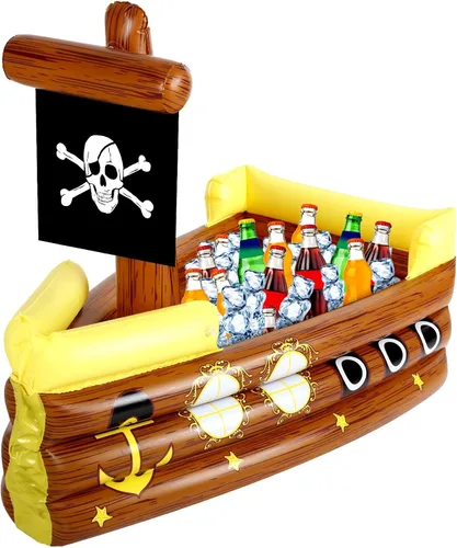 Vista 10 de Zhanmai Enfriador inflable de bebida de barco pirata, contenedor de comida inflable para verano, carnaval, Mardi Gras, fiesta de cumpleaños pirata