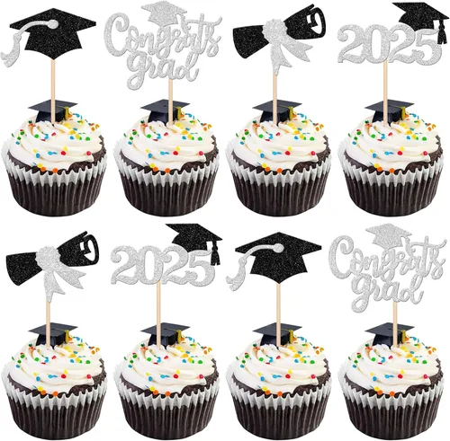 Vista 41 de 24 piezas 2026 temáticas de graduación 2026 decoraciones para cupcakes con purpurina clase de 2026 Diploma Congrats 2026 Tapa de graduación