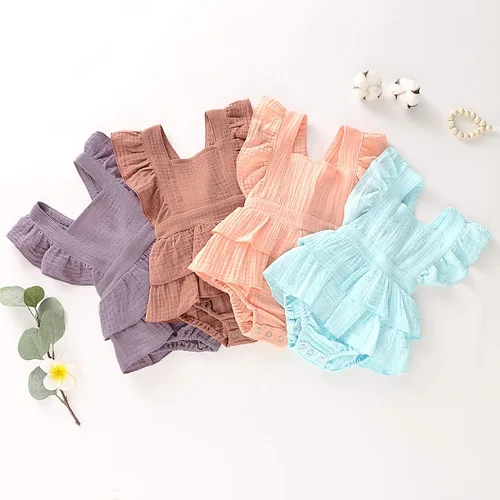 Vista 7 de Douhoow Mameluco de bebé niña mameluco con volantes de una sola pieza ropa de lino de algodón