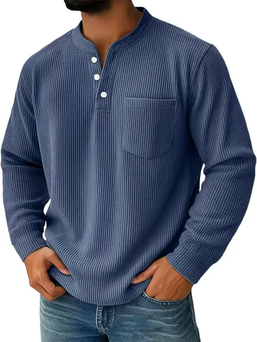 Vista 8 de Sudadera Henley para hombre, cuello en V a rayas, ajuste holgado, suéter de manga larga con bolsillos