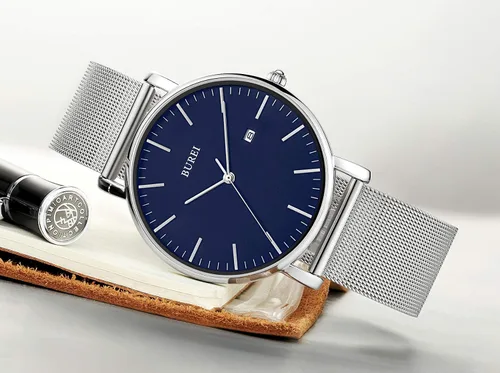 Vista 3 de BUREI Reloj de pulsera analógico de cuarzo ultrafino, calendario de fecha, correa de malla de acero inoxidable