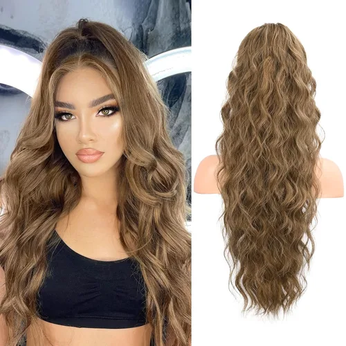Vista 15 de FLUFYMOOZ Extensión de cola de caballo de 22 pulgadas, extensiones de cabello sintético ondulado largo y rizado para mujer