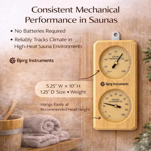 Vista 5 de Termómetro e higrómetro de sauna – Medidor analógico de temperatura y humedad 2 en 1 para interiores con marco de madera de pino, para salas