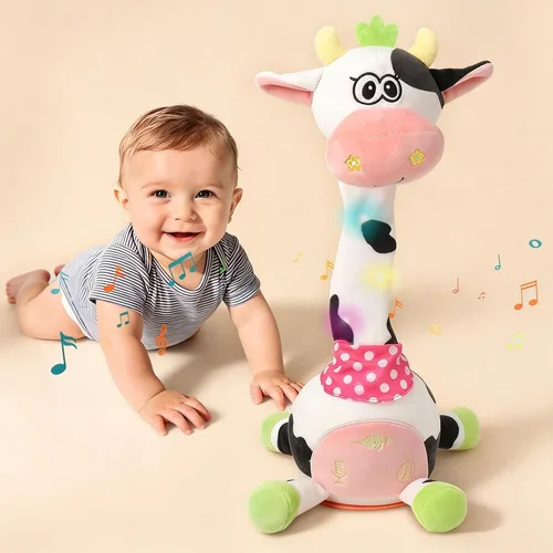 Vista 15 de Jirafa que habla bailando con cuernos dorados, juguete de peluche para bebé que repite lo que dices, juguete musical con cuernos dorados, regalos