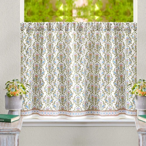 Vista 13 de Cortinas de algodón de media cocina para ventanas pequeñas, baño y café, estampado a mano en bloque, velo de novia blanco, diseño bohemio moderno
