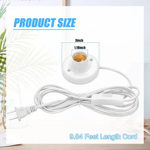 Vista 2 de 1 enchufe de luz de 9.84 pies con cable E26/E27 con interruptor de encendido/apagado, extensión de cable de luz colgante, para iluminación