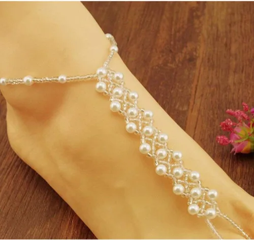 Vista 2 de cjeslna piezas (1par) perla Barefoot sandalias playa boda tobillera pie joyas de novia 20,3cm.