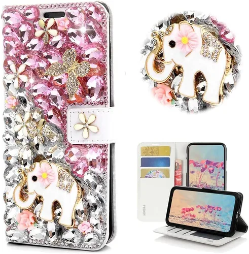Vista 15 de Bling - Funda tipo cartera para teléfono compatible con Samsung Galaxy Z Fold 3 5G, elegante, hecha a mano en 3D con lazo de cristal, bolsa de rosa