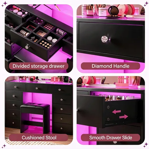 Vista 8 de CollaredEagle 45" Large Black Vanity Desk with Vibrant RGB Lighting.