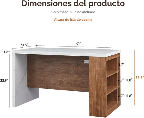 Vista 2 de ONBRILL Mesa completa de mesa de isla de cocina de 61 x 31 pulgadas con espacio de almacenamiento, toma de corriente y luces LED, mesa de comedor