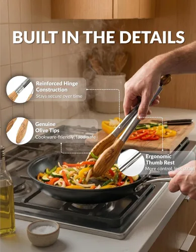 Vista 2 de Pinzas de cocina Boxiki Kitchen para cocinar con puntas de madera - Pinzas de madera ideales para barbacoa, ensalada, tostadora, pan y encurtidos