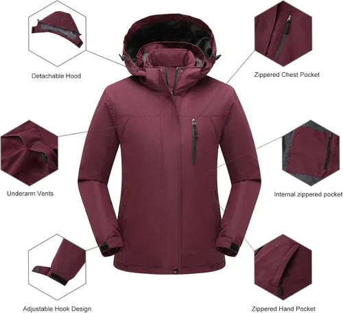 Vista 6 de PTSOC Womens 3 in 1 Waterproof Ski Jacket Warm Winter Snow Coat Windproof Hooded Snowboarding Raincoat