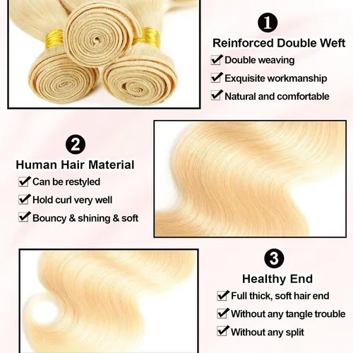 Vista 2 de Mechones de cabello humano 613, 14" 16" 18" 300g, 12A rubio ondulado, 100% cabello humano real, vida útil 3 veces más larga, 100% cabello virgen