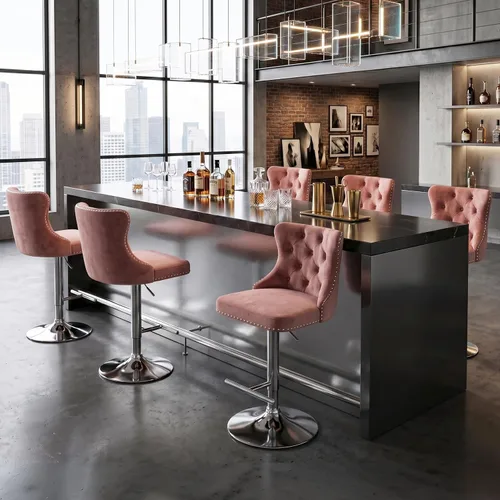 Vista 341 de SoarFlash Juego de 2 taburetes de bar tapizados de terciopelo moderno con patas de madera, botones acolchados, cabeza de clavo cromada, asiento