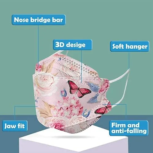 Vista 2 de 50 cubrebocas desechables florales con diseños 3D para mujer, cubrebocas transpirable de 4 capas con alambre para la nariz