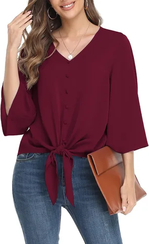 Vista 35 de VIISHOW Blusas de verano para mujer, con botones, cuello en V, de gasa, mangas acampanadas de 3/4, con nudo, casuales 01 Blanco