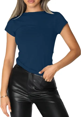 Vista 2 de ANGGREK Womens Summer Short Sleeve Skinny Tight Crop Tops Tee Shirt Workout Casual Basic Crew Neck Slim Fit Y2k T-Shirts