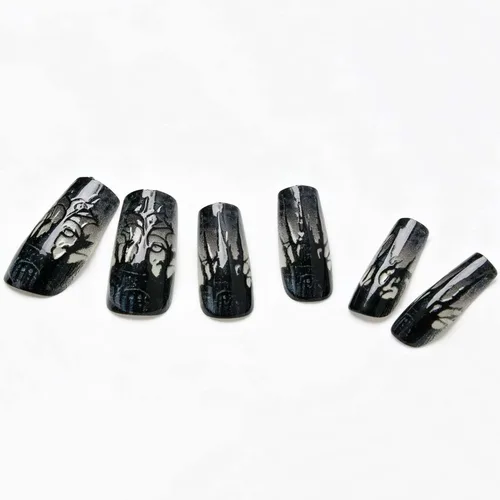 Vista 3 de Uñas postizas de Halloween a presión medianas con diseño de ataúd oscuro gótico embrujado, castillo muerto, diseño de árbol muerto, uñas postizas