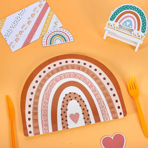 Vista 3 de AnyDesign Platos de papel boho arco iris, platos de postre desechables retro hippie para suministros de fiesta de cumpleaños, decoración de mesa