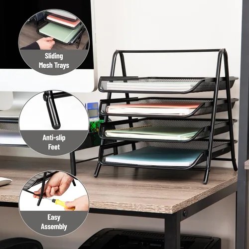 Vista 4 de Mind Reader MESHMON3P-BLK – Organizador con cajón y base para monitor, de rejilla de metal, y organizador de 3 niveles para escritorio de rejilla